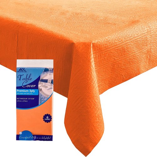 [6 Pack] Orange Paper Tablecloth Disposable for Rectangle Tables, 54 X 108 Inch Party Table Cover with Plastic Backing, Waterproof 3 Ply Table Cloth for Thanksgiving Halloween Fall Harvest Day