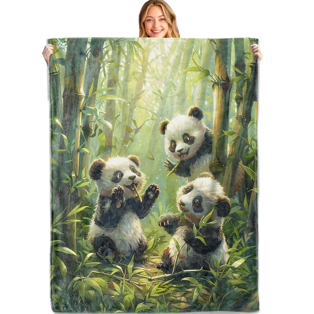 MIEPOS Cute Panda Throw Blanket, 50x60in, Soft, Lightweight Flannel,Adorable Pandas Playing in Bamboo Forest with Sunlight Blankets, Gifts for Kids, for Jungle Home Living Room Decor