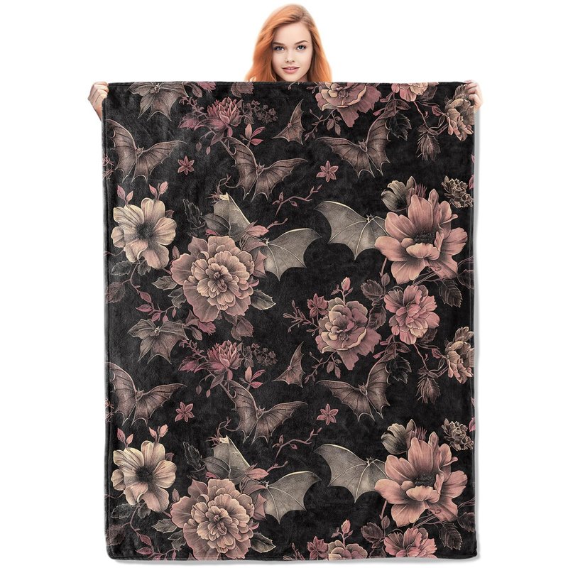 VANZEV Gothic Blanket, Floral and Bat Flannel Throw Blankets,Soft Warm Lightweight Cozy Plush Halloween Goth Throws for Bedroom Sofa Home Decor Gifts for Women Girls 50"x40"