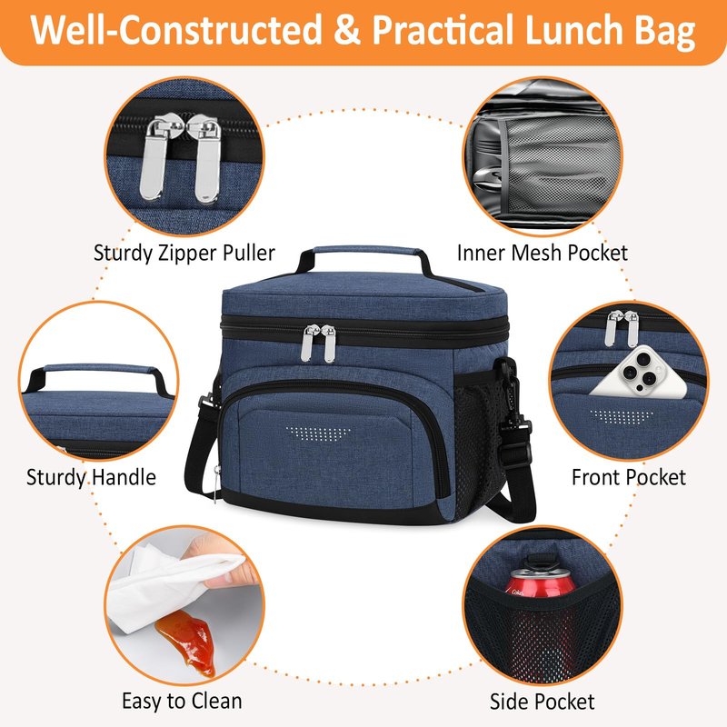 Vankor Lunch Box for Men Women, Large Double Layer Insulated Lunch Bag Tote Expandable Leakproof Waterproof Cooler Bag with Adjustable Shoulder Strap for Work Office Picnic Travel, Blue
