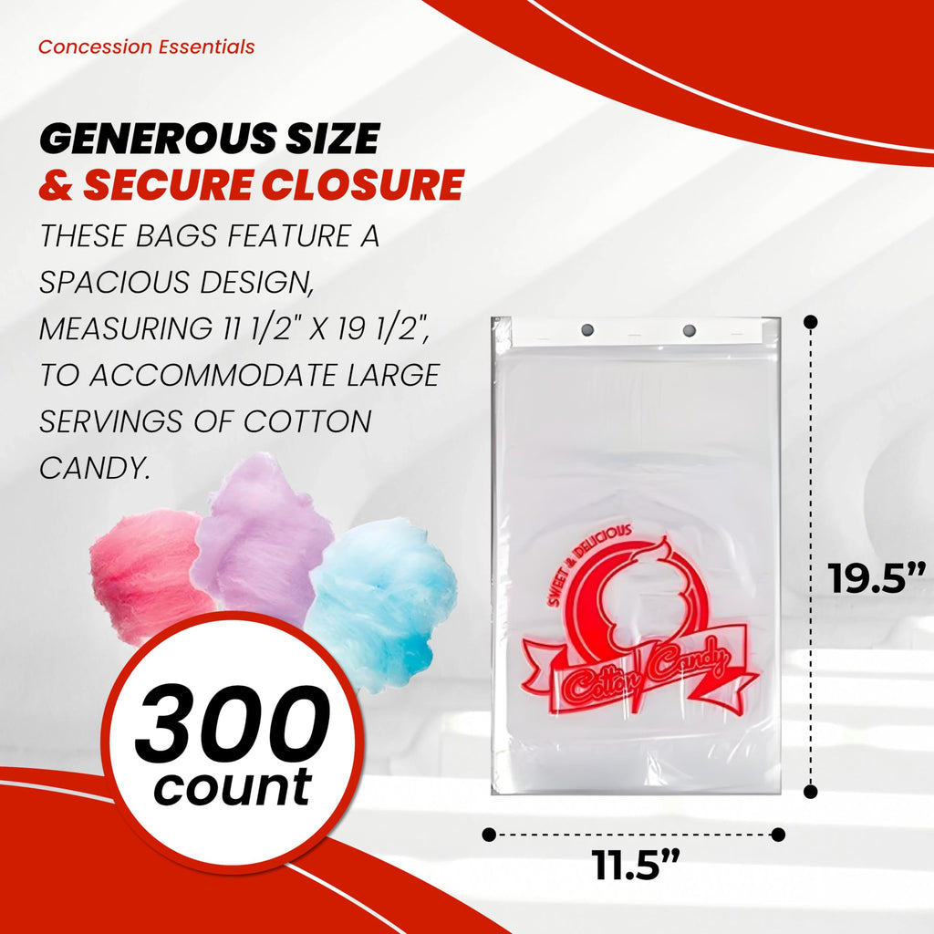 Concession Essentials Cotton Candy Bags-300CT with Twist Ties, 0.5" Height, 18" Width, 12" Length (Pack of 300)