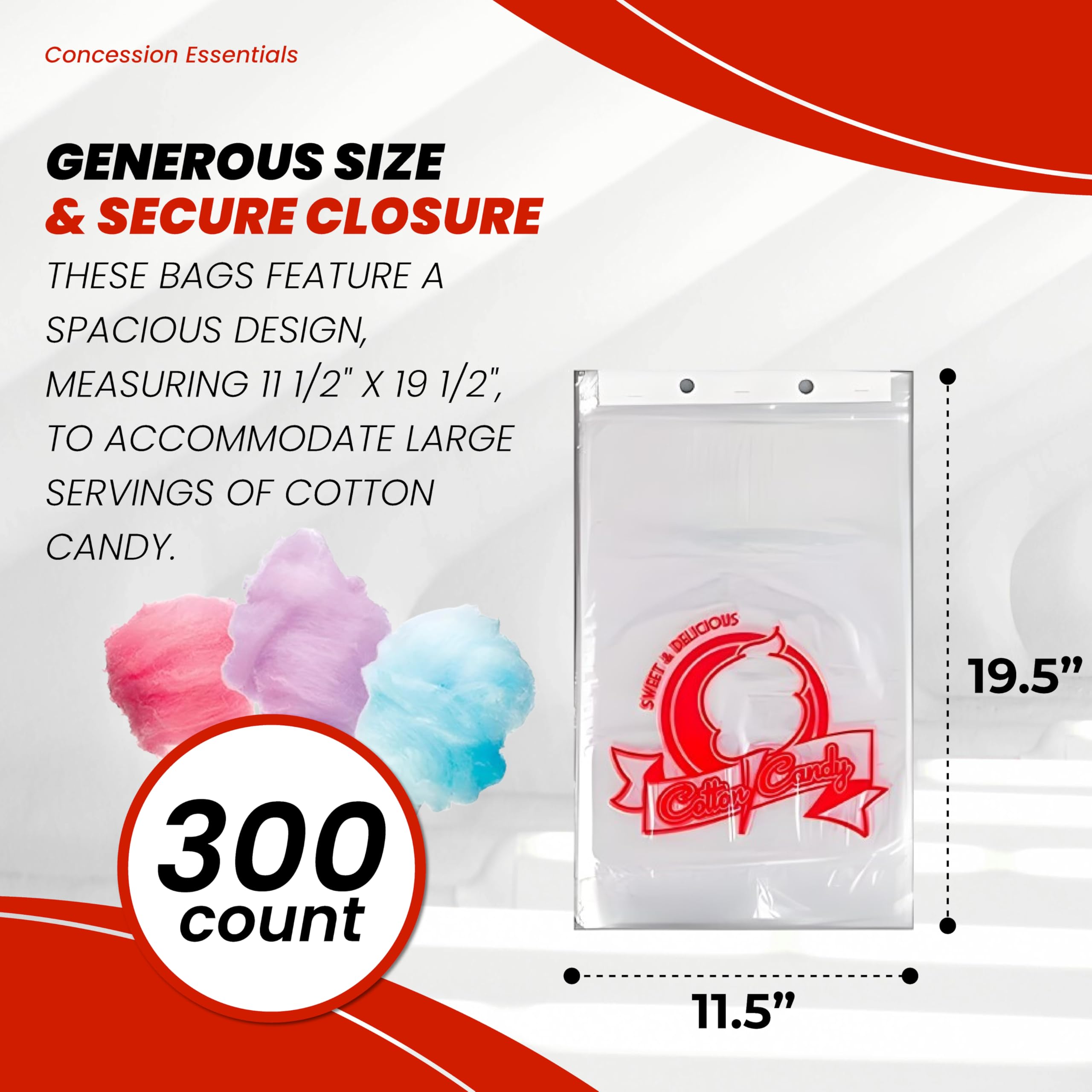 Concession Essentials Cotton Candy Bags-300CT with Twist Ties, 0.5" Height, 18" Width, 12" Length (Pack of 300)