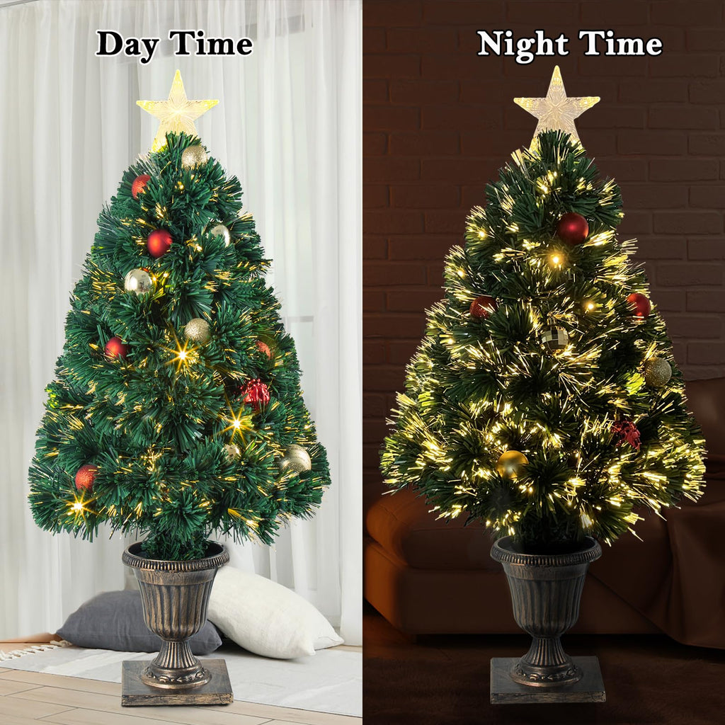 Joeoy 3Ft Pre-lit Optical Fiber Christmas Tree, Artificial Lighted Entrance Xmas Tree with Tree Topper Star and Hanging Ornaments Christmas Decorations for Yard Front Door Entryway
