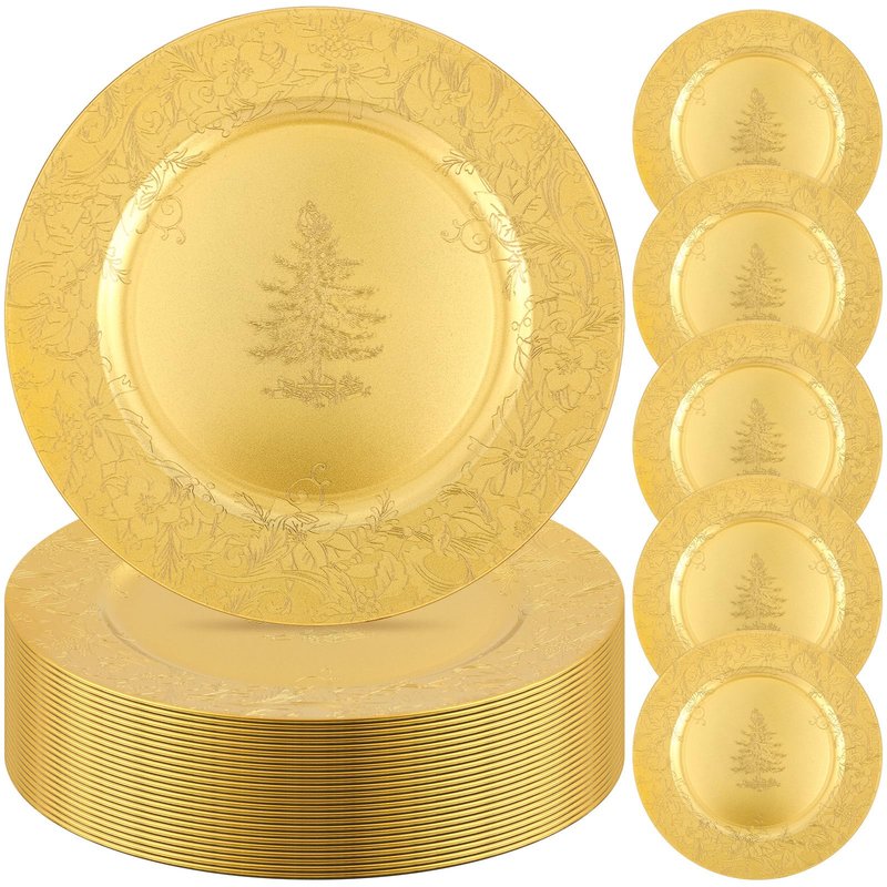 Tioncy 24 Pcs 13'' Christmas Gold Charger Plates Bulk Dinner Plates Plastic Round Charger for Party Plate Table Setting Tree Decorative Wedding Party Serving Restaurant Home Event Tabletop Decoration
