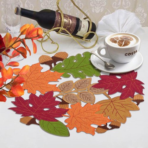 Simhomsen Embroidered Fall Autumn Thanksgiving Multi-Color Leaves Table Runner (Round 15 inches (Set of 4))