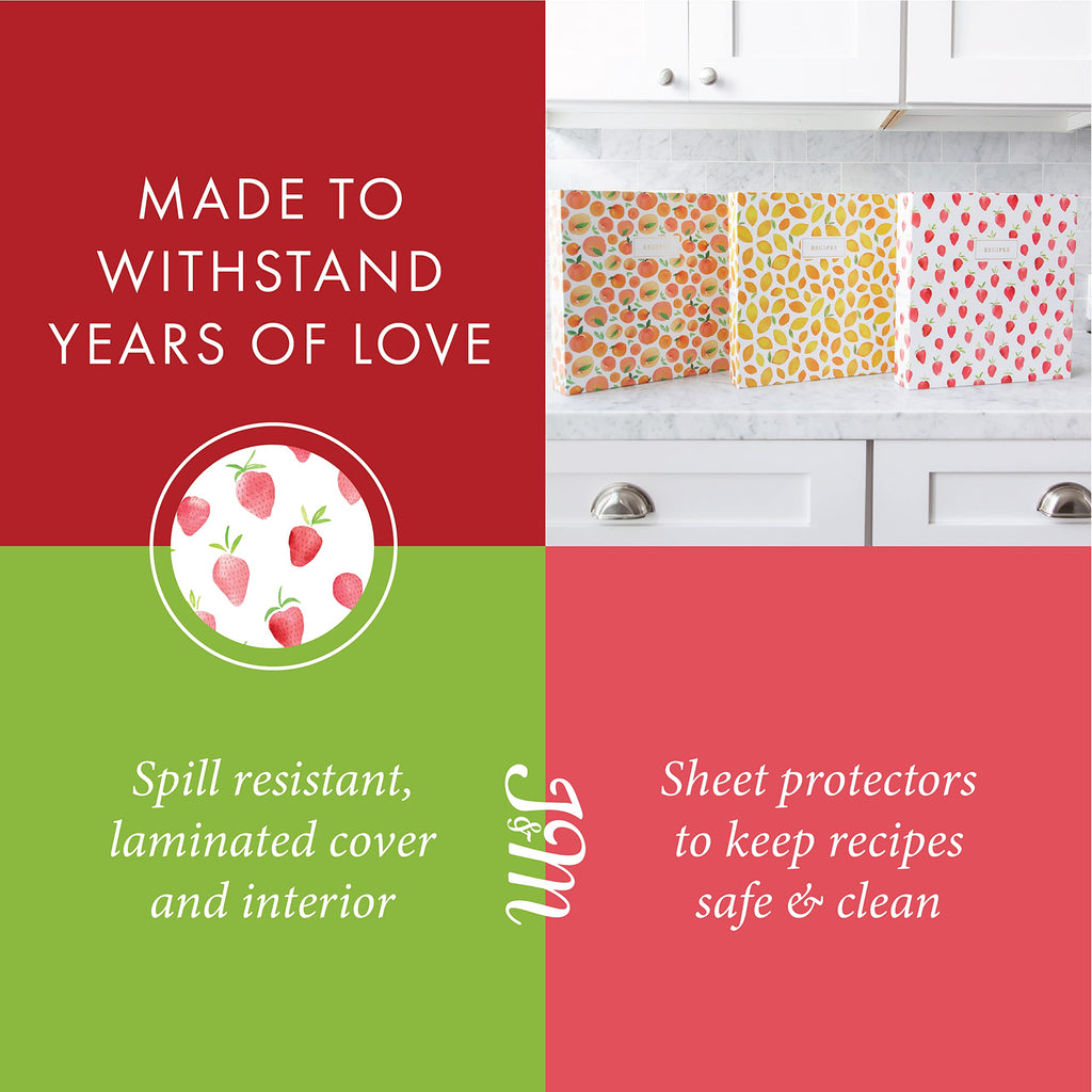 Jot & Mark 8.5" x 11" 3 Ring Recipe Binder with Spill-Proof Clear Binder Sleeves Sheet Protector, 30 Dual-Sided Recipe Card Pages for Written & Printed Recipes, Tabbed Dividers, Strawberry Wilds