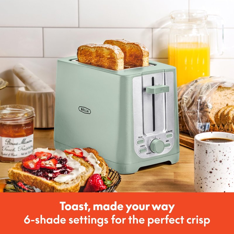 BELLA 2 Slice Toaster with Auto Shut Off - Extra Wide Slots & Removable Crumb Tray and Cancel, Defrost & Reheat Function - Toast Bread, Bagel & Waffle, Sage