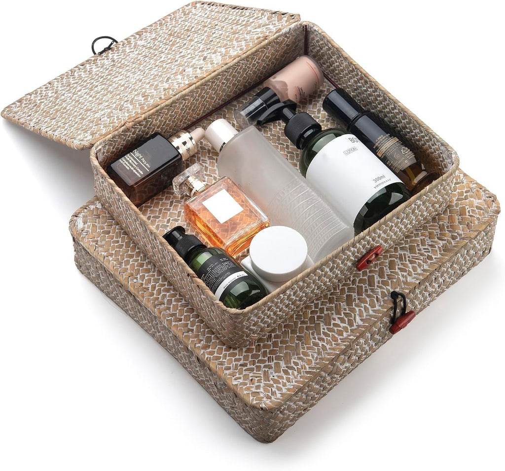 Seagrass Storage Baskets - Woven Decorative Baskets with Lid for Organizing | Whitewash Finish