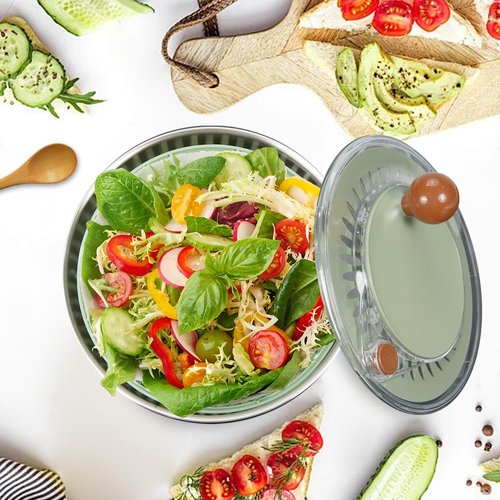 SODPE Stainless Steel Salad Spinner Large with 5 Blades Slicer, Lettuce Washer Spinner and Dryer, Vegetable Fruits Chopper Bowl, Egg Yolk Strainer Comes with Dipping Saucers and Clip, 5.3Qt