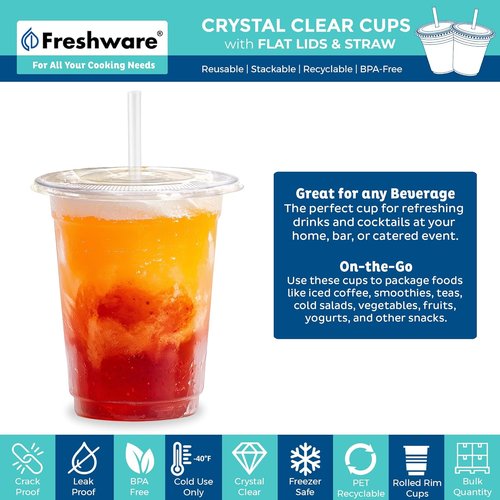 Freshware 12 oz Clear Disposable Plastic Cups - Heavy-Duty Tumblers with Lids & Straws | 100 Pack for Parties