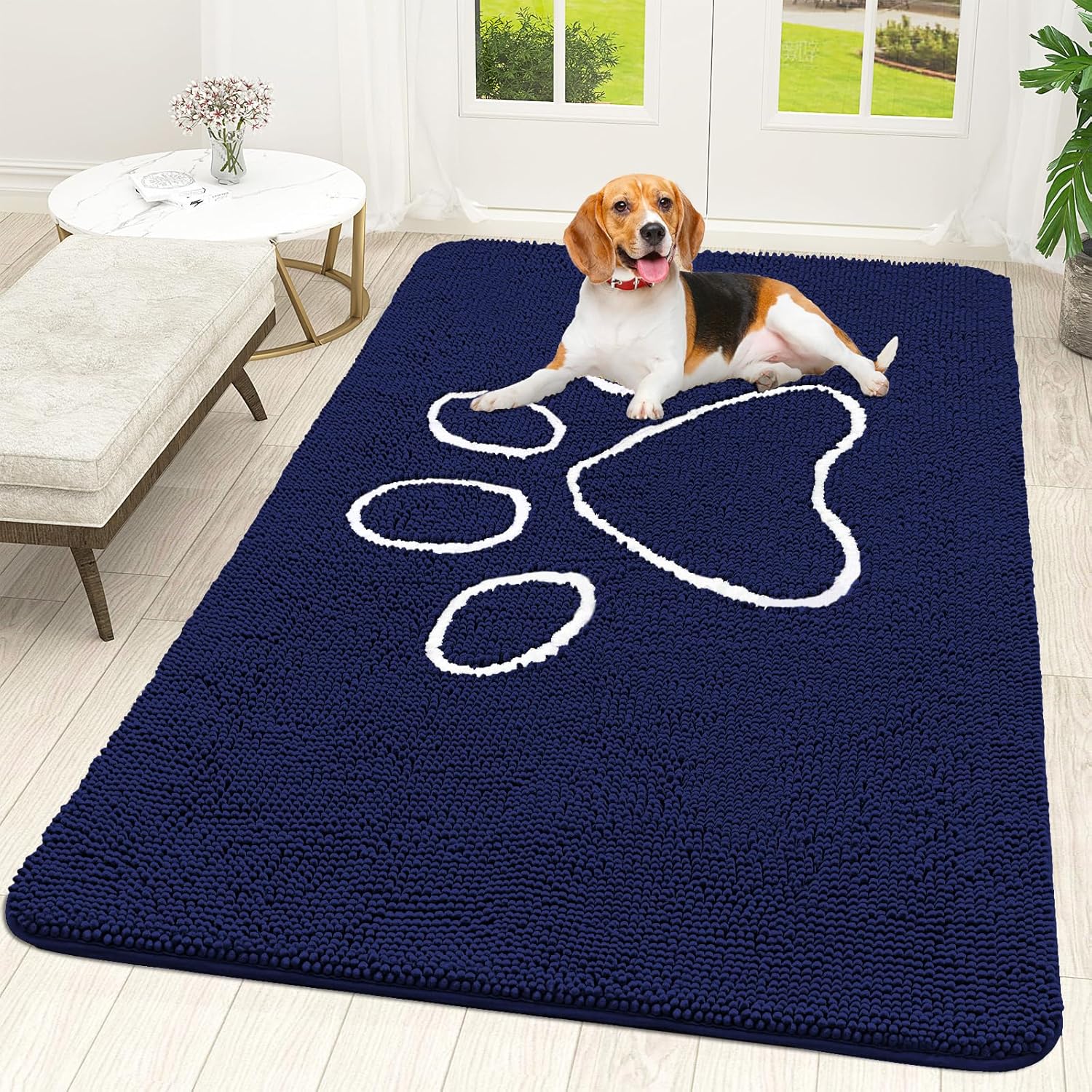 OLANLY Dog Door Mat - Absorbent Non-Slip Mud Mat for Muddy Paws | 59x35 Navy Blue Chenille Design
