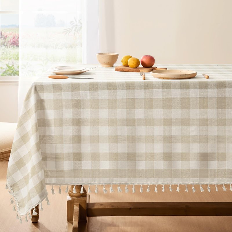 Softalker Checkered Tablecloth Rectangle, Outdoor Linen Cotton Gingham Table Cloth with Tassel, Heavy Duty Wrinkle Free Buffalo Plaid Table Cover for Kitchen Dining Summer Party - 55 x 70 Inch, Beige