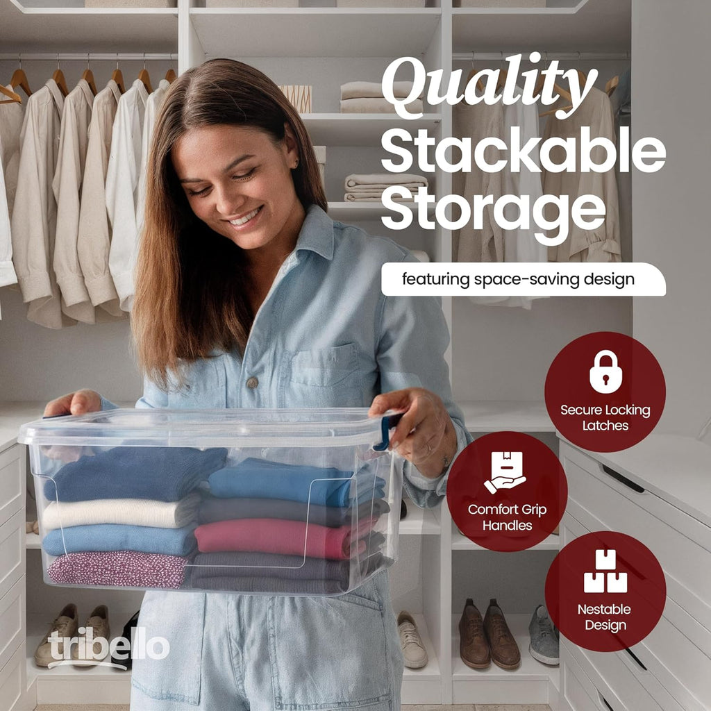 Tribello Storage Bins - Clear Stackable Plastic Containers with Lids | 21 Qt Capacity