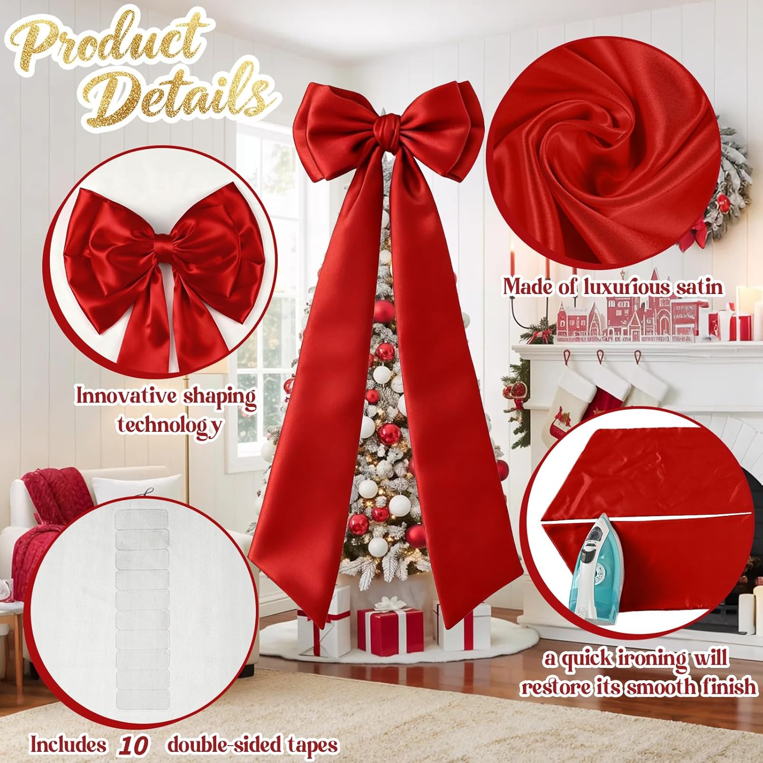 Skiennix Christmas Tree Topper Bow - Giant Red Satin Bow for Holiday Decor | 75x19 Inch Size
