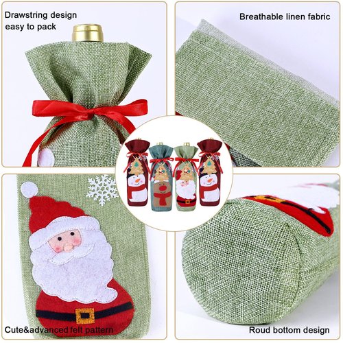 Heeshin 4pcs Christmas Wine Bottle Bags Burlap Wine Bottle Gift Bags with Drawstring, Reusable Santa Claus, Snowman & Reindeer Drawstring Covers for Xmas New Year Party Table Decoration