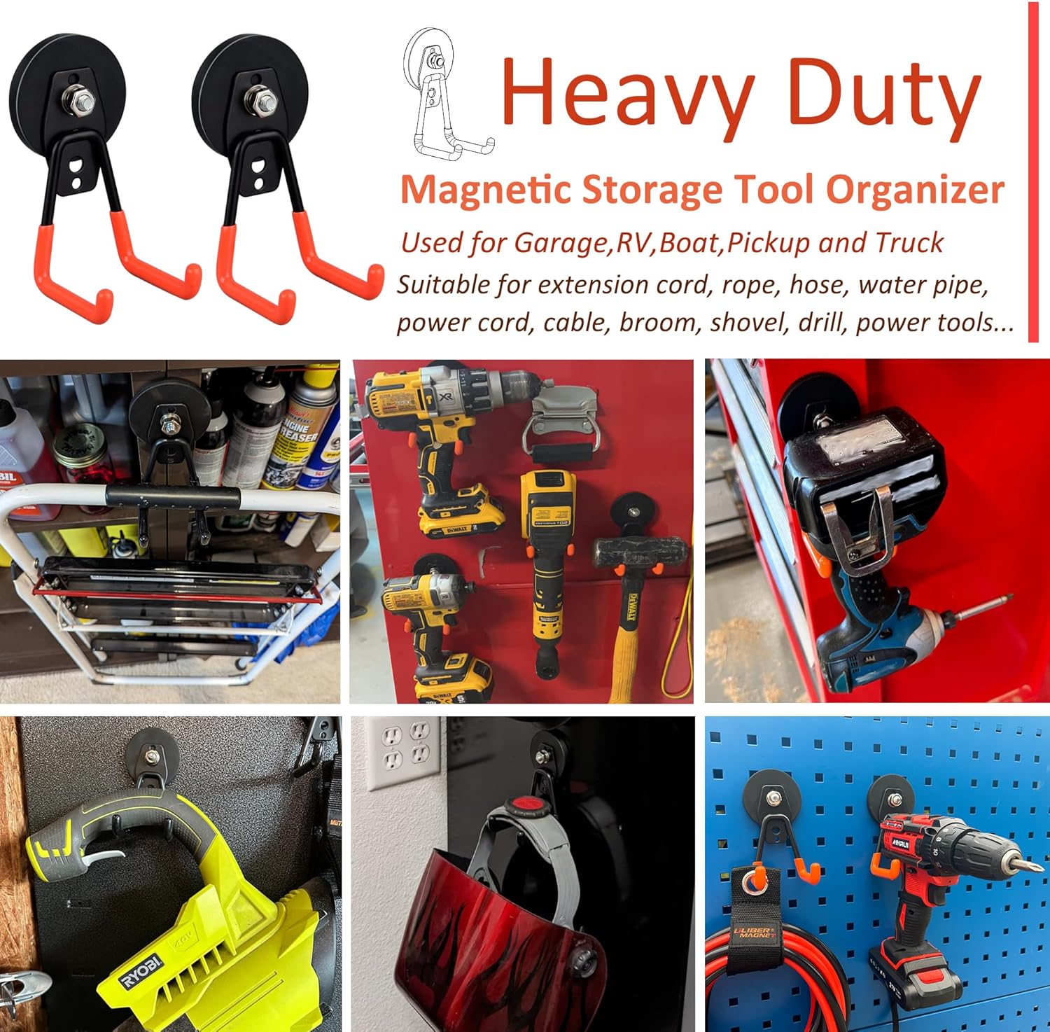 ULIBERMAGNET Heavy Duty Magnetic Garage Hooks - 6 Pack Strong Magnet Hooks for Tools & Storage (Orange)