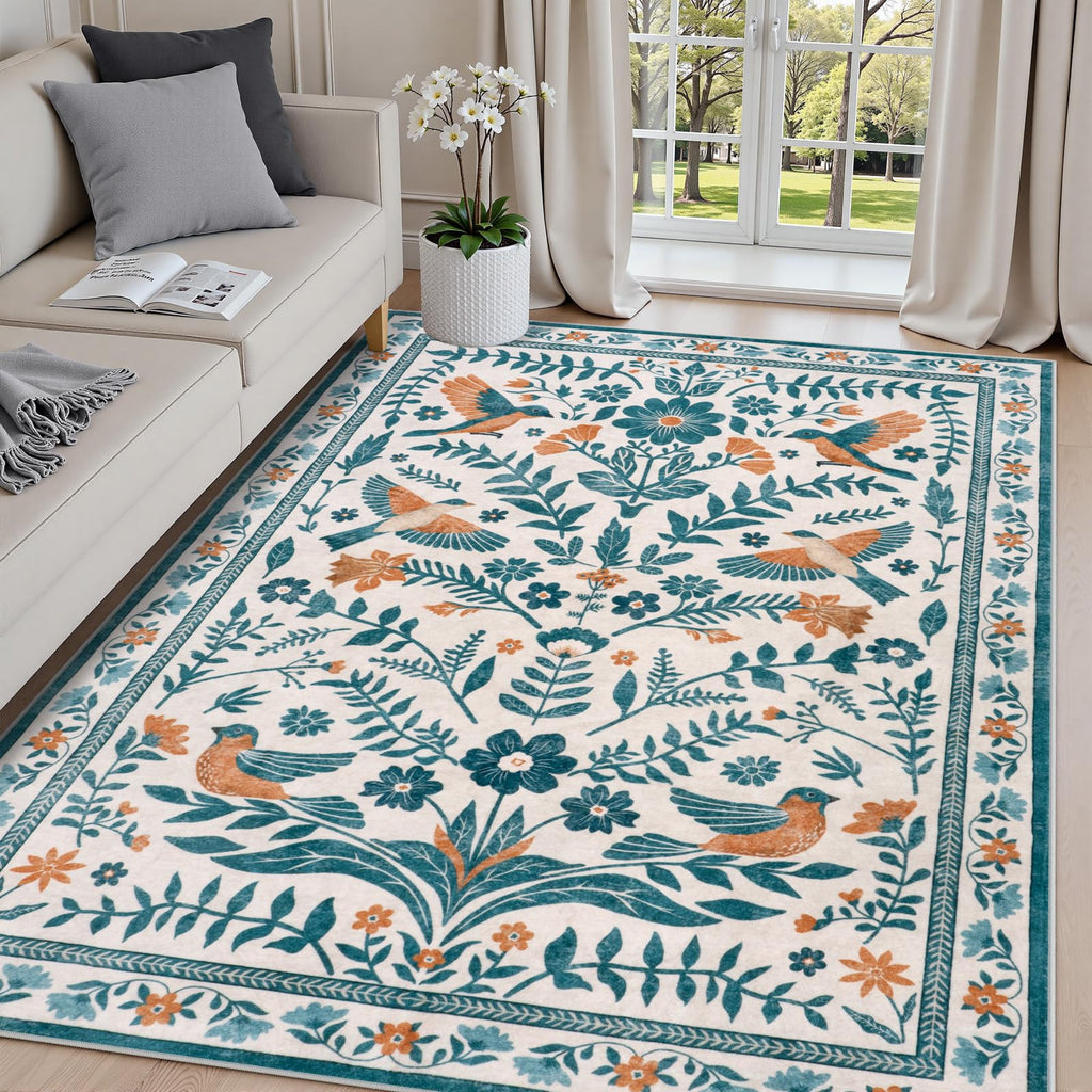 LIVEBOX Washable Rug 8x10, Floral Area Rugs with Birds, Non Slip Soft Vintage Large Living Room Rug Bedroom, Apartment, Nursery Room, Cute Animal Rugs for Kids Daughter Baby, Beige