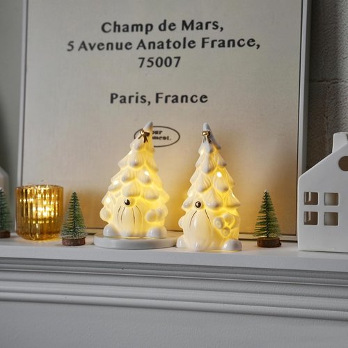 AOMOONOA Ceramic Christmas Tree Gnomes - Lighted Tabletop Decor for Indoor Holiday Cheer - White