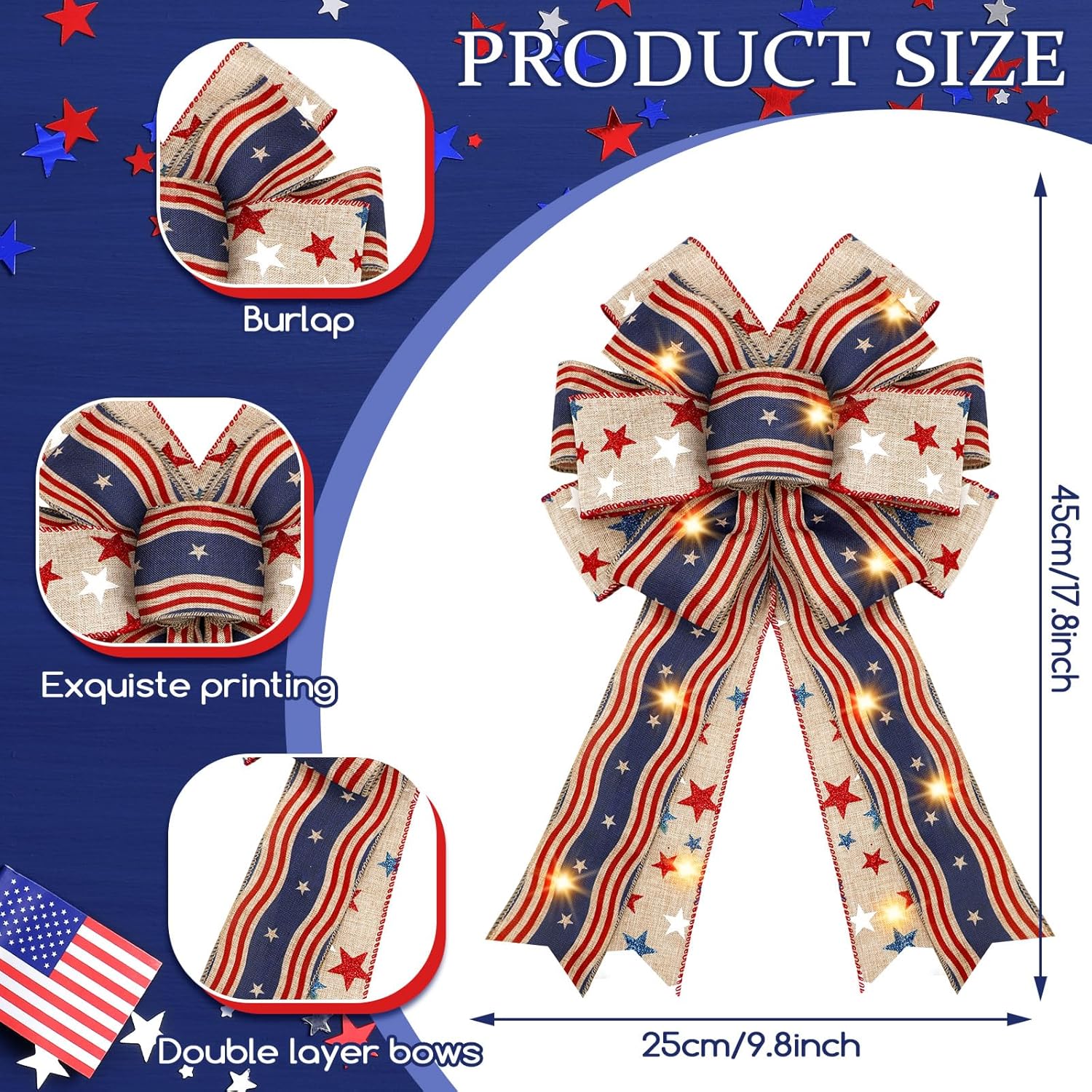 Skiennix Patriotic Lighted Wreath Bow - Large Red, White & Blue 4th of July Decor | Indoor/Outdoor