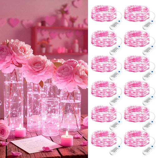 Minetom 12 Pack Pink Christmas Lights - 7ft Battery Operated Fairy Lights | 20 LED Waterproof Twinkle Lights for Valentine's Day Decor
