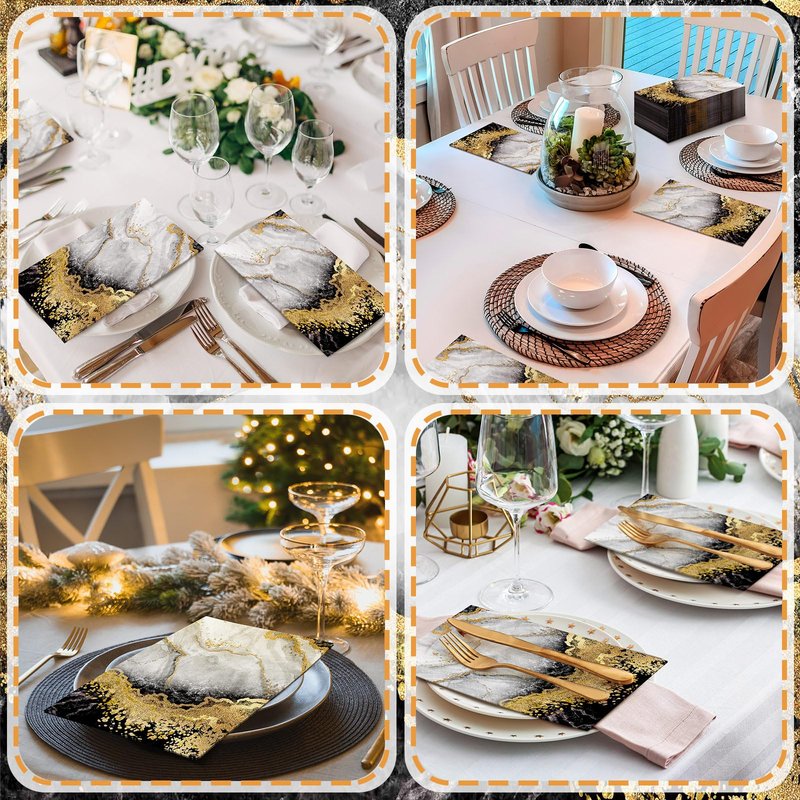 Geyoga 100 Pcs Marble Guest Napkins 2 Ply Disposable Guest Bathroom Paper Black Gold Decorative Napkins Marbleized Hand Towels for Home Bathroom Kitchen Party Table Decor