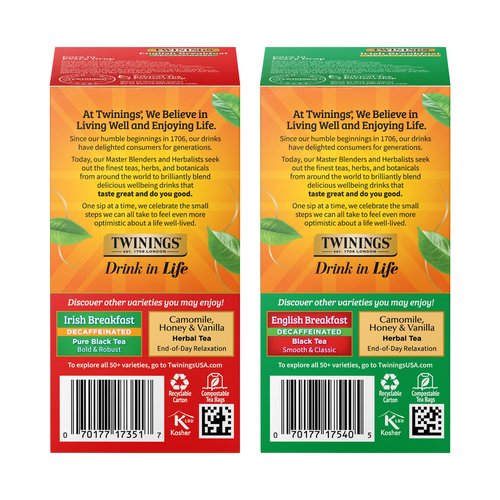 Twinings Decaffeinated English Breakfast Black Tea Bags, 20 Count (Pack of 6) + Decaffeinated Irish Breakfast Black Tea Bags, 20 Count (Pack of 6)