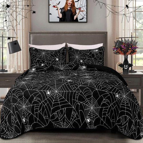 FRAMICS 3 Pieces Halloween Quilt Set King Size, Spider Web Quilt Set, Lightweight Black Quilt, Halloween Bedding Set, 106" x 96", 1 Quilt+2 Pillow Shams