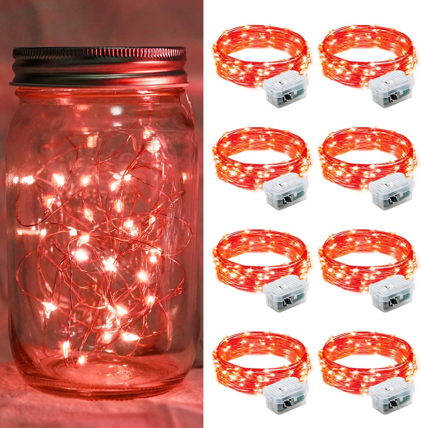 Regine Switzerland 8-Pack Red Fairy Lights - 7Ft 20 LED Twinkle String Lights | Waterproof & Battery Operated for Parties & Holidays