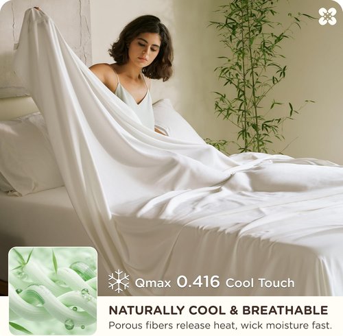 Bedsure Bamboo Viscose Queen Sheet Set - Cooling Luxury Bedsheets for Hot Sleepers | Silky Soft | 18" Deep Pocket | Oeko-Tex Certified [White]