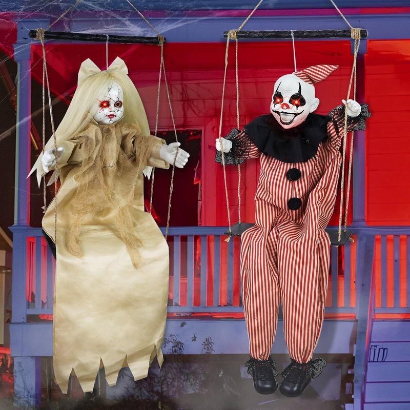 [Sound Activated] 2 Pack Hanging Halloween Decorations Outdoor, 40" Hanging Swinging Clown and Girl Ghosts Decor with Lighted Up Eyes Creepy Sound Expressions for Halloween Party Porch Haunted House