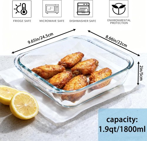 Glass Baking Dish - 1.9qt Square 8x8 Oven Safe Pan | Durable, Versatile Bakeware