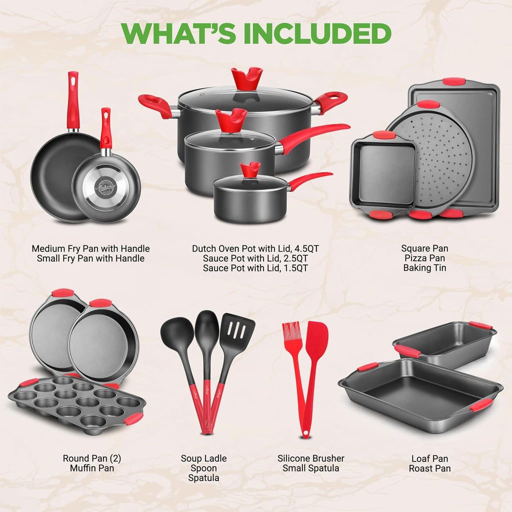 NutriChef 21-Piece Nonstick Cookware Set - Heat Resistant, PTFE/PFOA Free | Includes Pots, Pans, and Bakeware