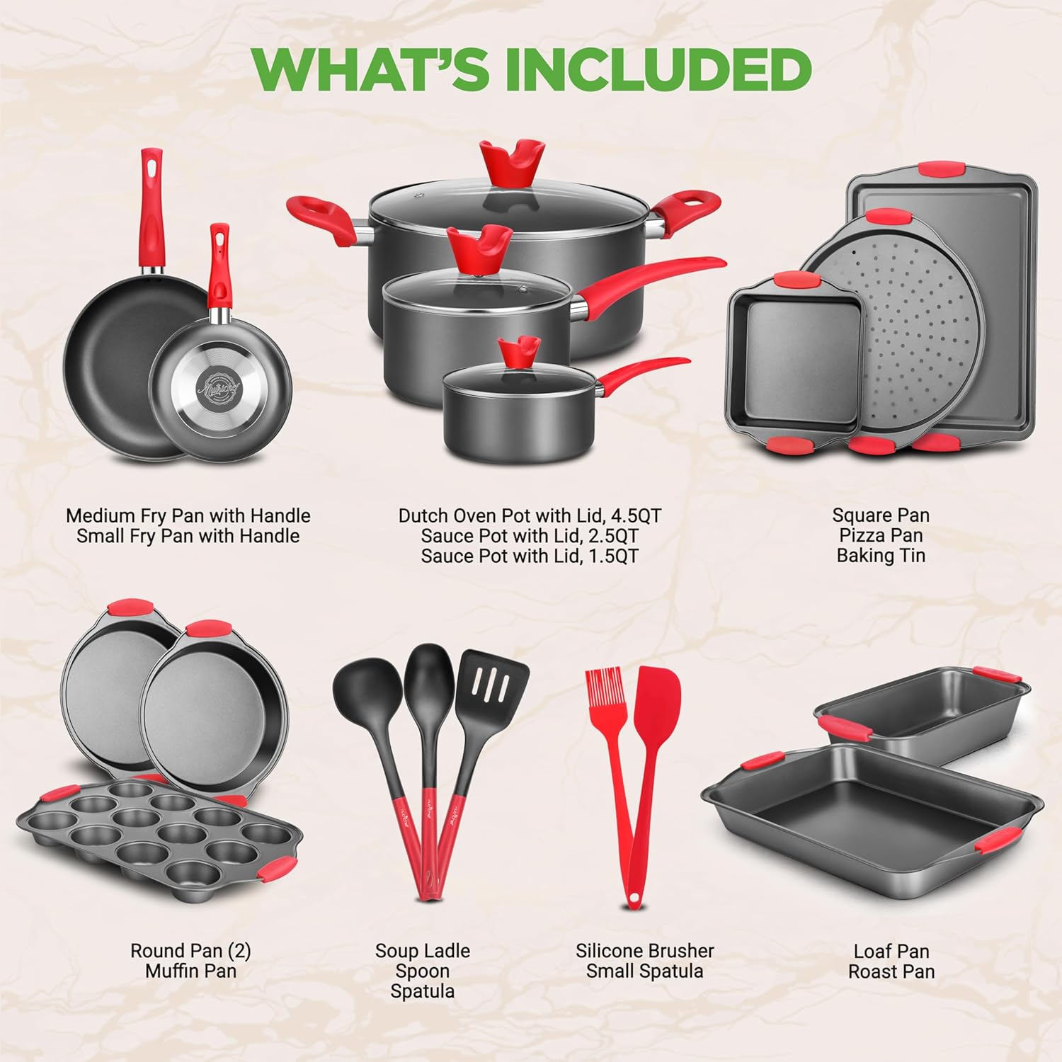 NutriChef 21-Piece Nonstick Cookware Set - Heat Resistant, PTFE/PFOA Free | Includes Pots, Pans, and Bakeware