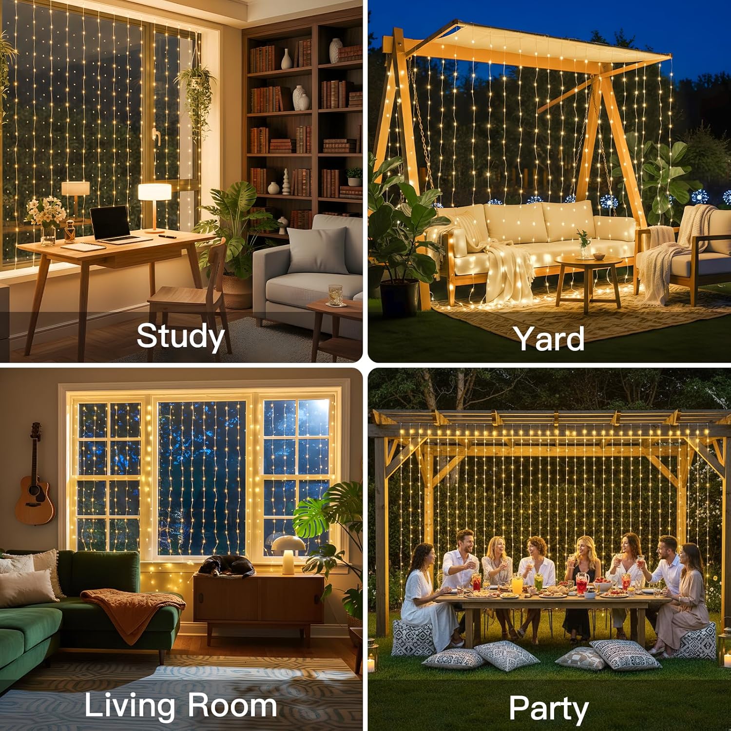 Suddus Tangle-Free Curtain Lights - 200 LED Warm White Hanging Lights | 6.5x6.5ft for Bedroom & Party Decor