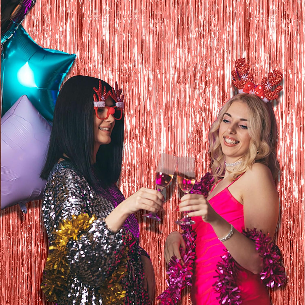 Rose Gold Fringe Curtain Backdrop by [Brand Name] - 10 Pack Metallic Tinsel Streamers for Parties & Events