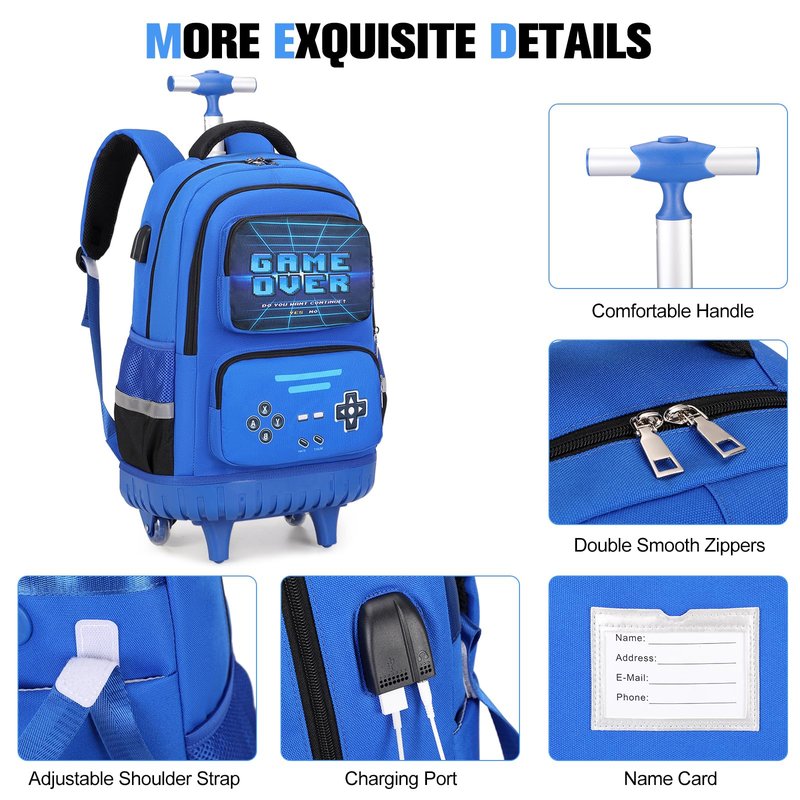 ACESAK Rolling Backpack for Boys - Roller Wheels School Bookbag with Lunch Bag & Pencil Pouch for Teen Boys Kids Wheeled Suitcase Backpacks, Elementary Middle School Travel Daypack (Blue)