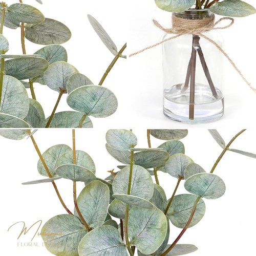 Muhanjia Artificial Eucalyptus Stems - 3Pcs Faux Plant in Glass Vase with Faux Water | Double-Sided Green Leaves Centerpiece