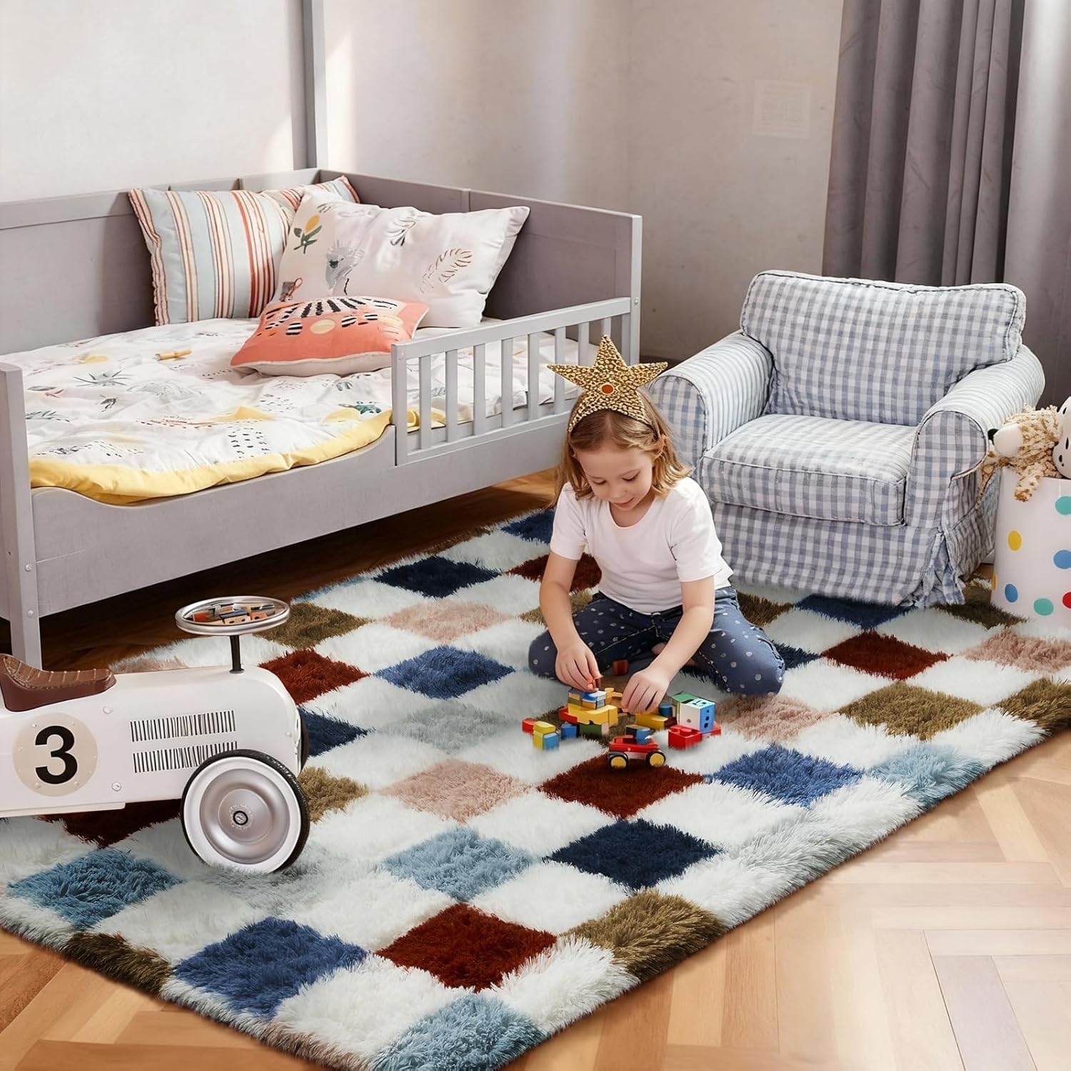 Ophanie Checkered Rainbow Rug - Colorful Fluffy Area Rug for Living Room & Bedroom | 4x6 Shag Plush Carpet
