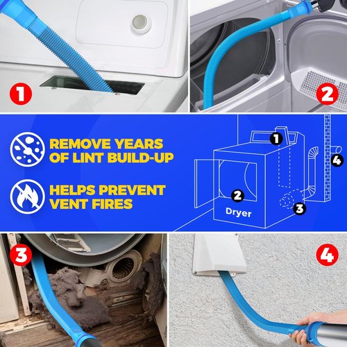Holikme Dryer Vent Cleaner Kit - 2-Piece Lint Removal Brush Set for Vacuum Cleaners | Blue