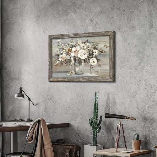 Rose Bouquet Framed Wall Art - Brown Rustic Flower Painting Abstract Floral in Vase Picture Botanical Prints Wooden Artwork for Bedroom Farmhouse