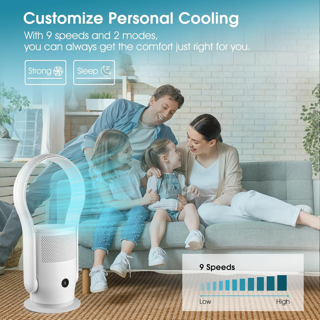 Skiennix Bladeless Tower Fan - HEPA Filter, 80° Oscillation, Remote Control, 9 Speeds, White