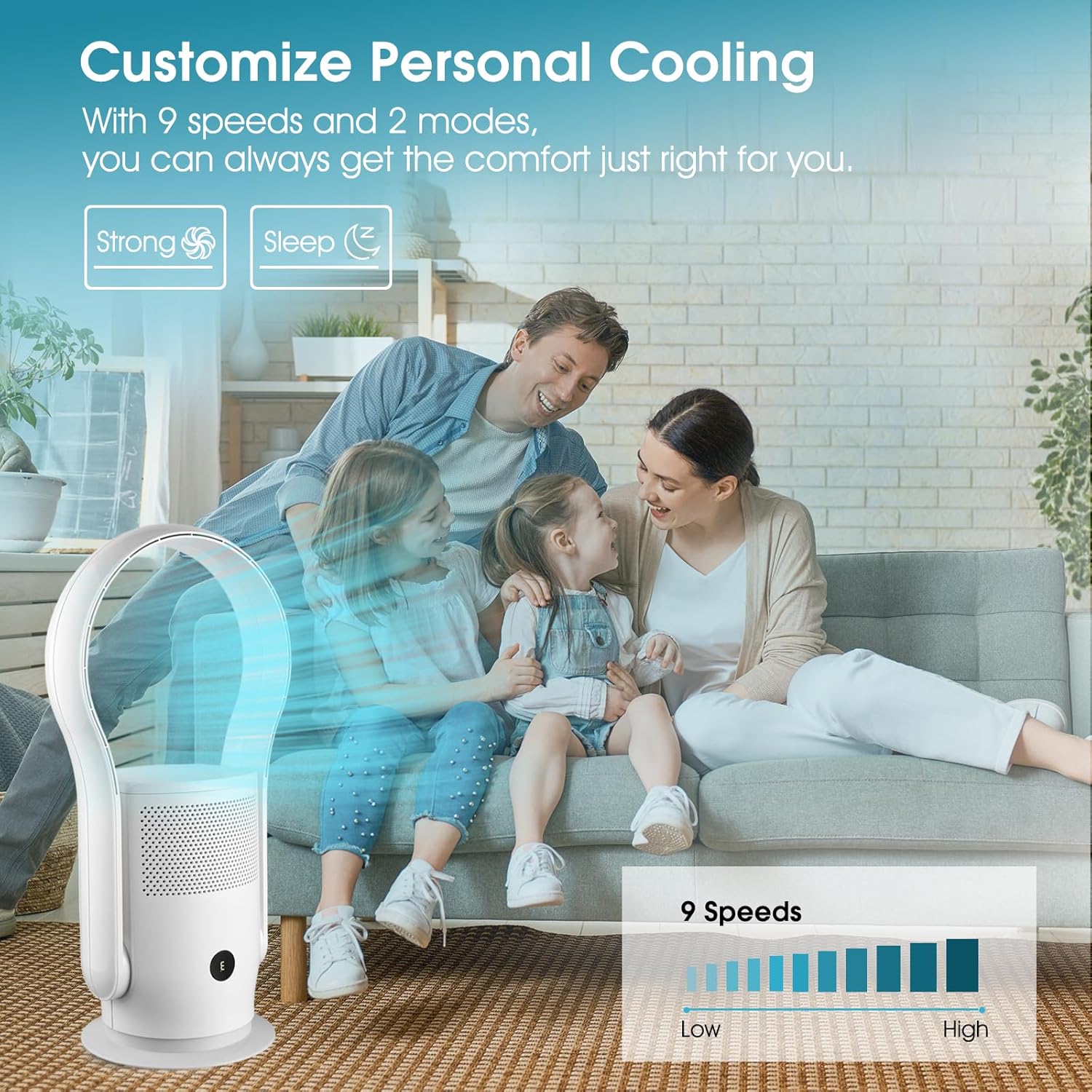 Skiennix Bladeless Tower Fan - HEPA Filter, 80° Oscillation, Remote Control, 9 Speeds, White
