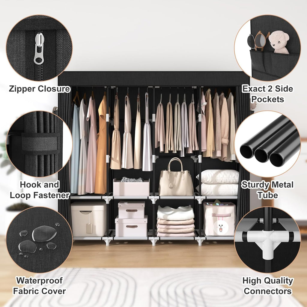 VTRIN Portable Closet - 67-Inch Wide Wardrobe with Cover, 4 Shelves & Hanging Rods - Sturdy Black Design
