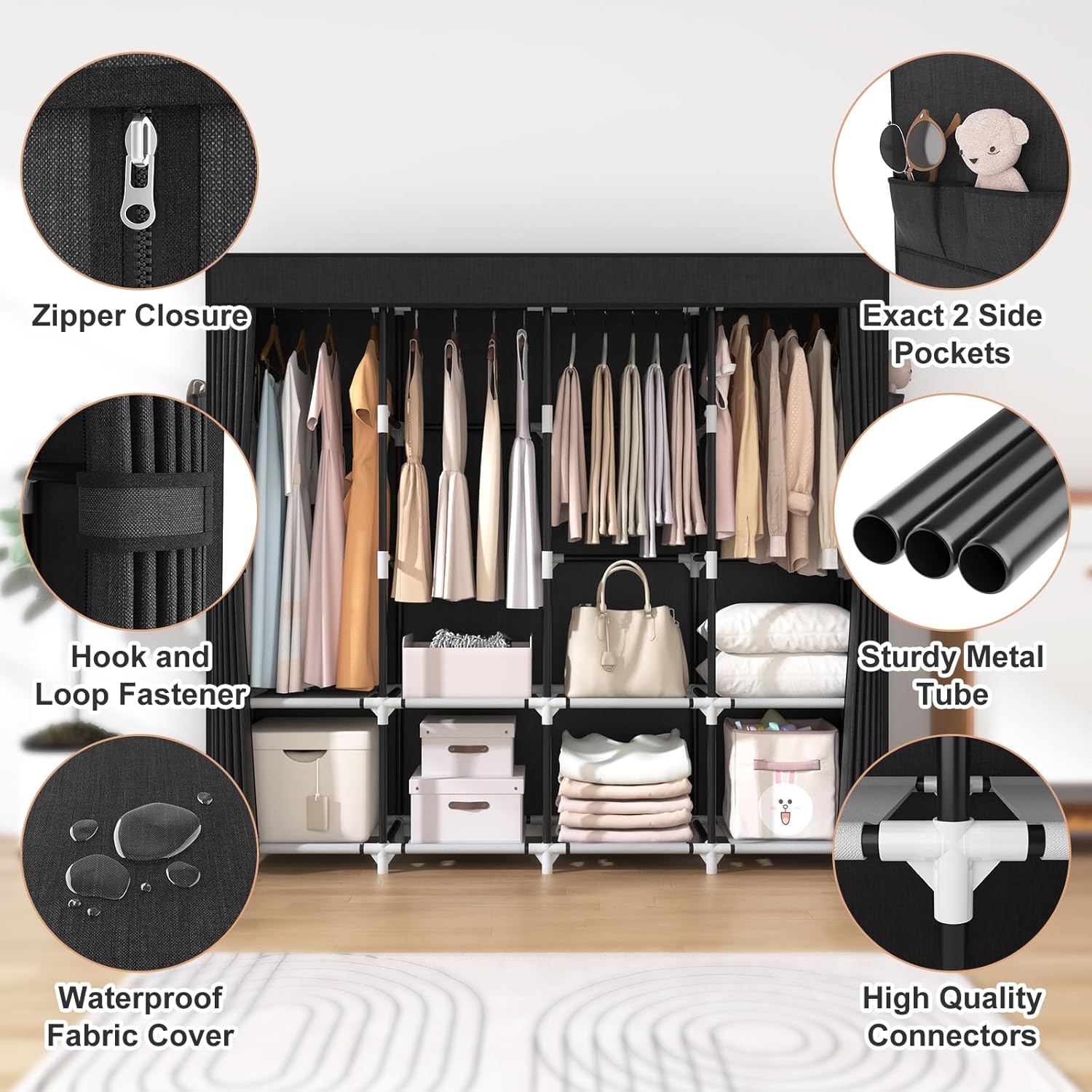 VTRIN Portable Closet - 67-Inch Wide Wardrobe with Cover, 4 Shelves & Hanging Rods - Sturdy Black Design