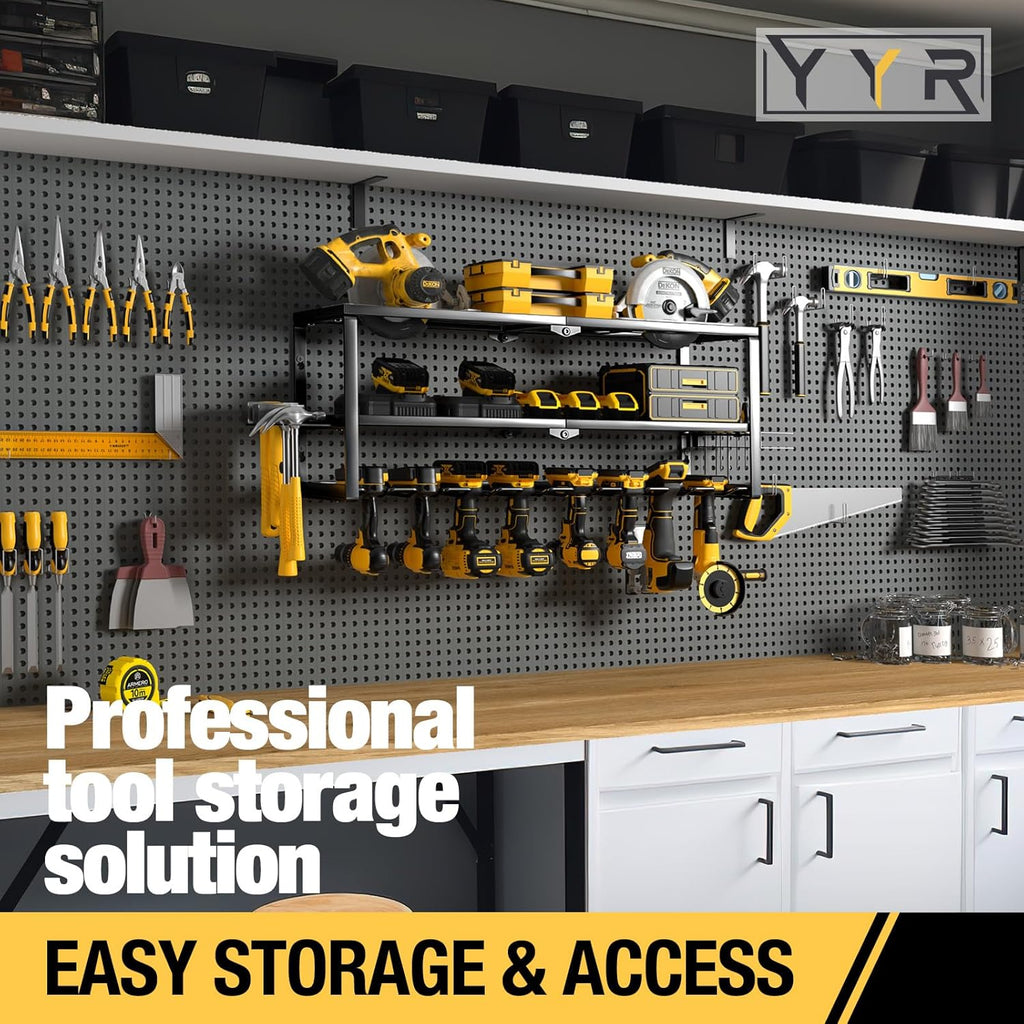 YYR Heavy Duty Power Tool Organizer - Wall Mount Cordless Drill Hanger & Charging Station | 32 Inch, 8 Slots for Garage & Workshop