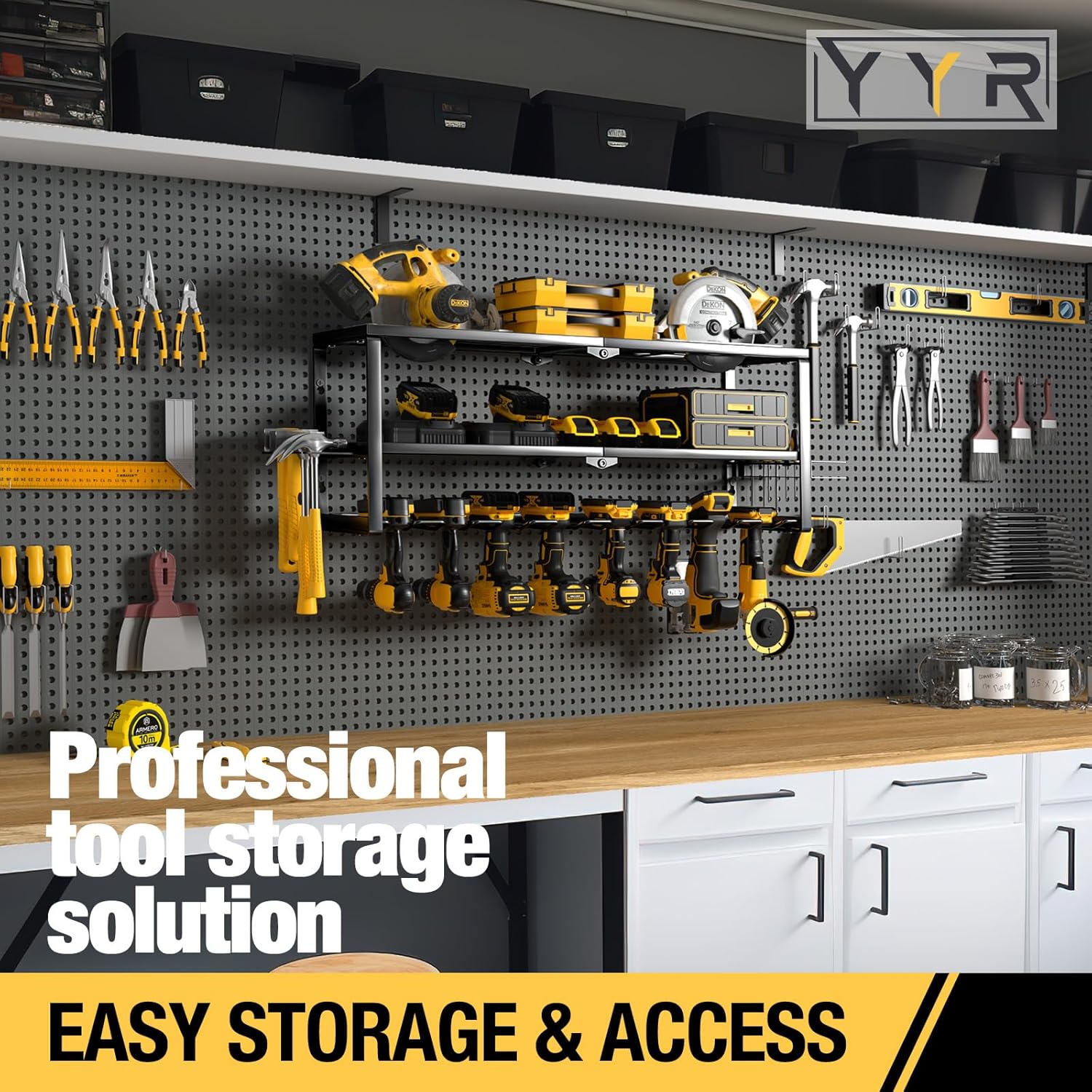 YYR Heavy Duty Power Tool Organizer - Wall Mount Cordless Drill Hanger & Charging Station | 32 Inch, 8 Slots for Garage & Workshop