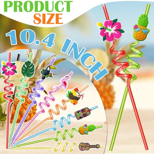 Hawaiian Luau Party Favor Drinking Straws (24 Pcs) Summer Beach Pool Birthday Party Supplies Reusable Plastic Drink Straw for Tropical Luau Party (2 Pcs Cleaning Brushes inside)