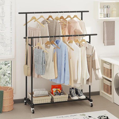 Calmootey Double Rod Clothing Rack - Portable Rolling Organizer for Bedroom & Living Room - Black