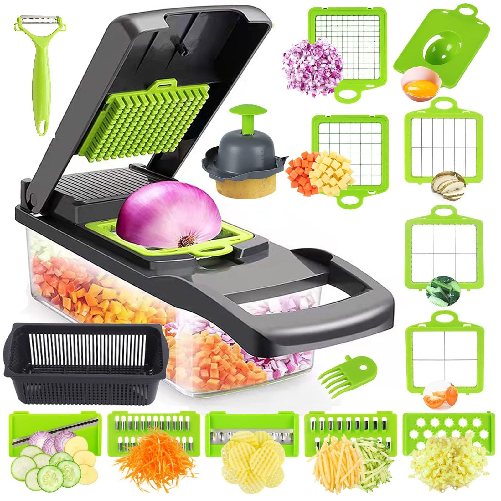 Vegetable Chopper, Pro Onion Choppers, Multifunctional 19 in 1 Food Slicing with 12 Blades, Kitchen Shre Dicer Cutter, Spiralizer, Lemon Squeezer, Egg Slicer & Seperator With Container