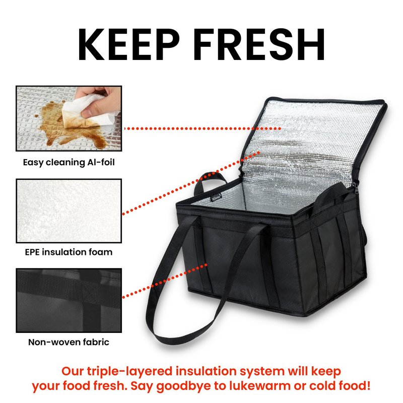 NZ home Insulated Bags for Food Delivery (Large) Grocery Shopping Cooler Bag, Pizza Delivery, Hot & Cold Catering Tote, Reusable, Foldable & Heavy Duty (2 Pack, Black)